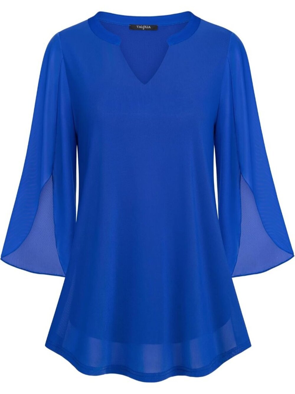 VALOLIA Women's Tops Blue 3/4 Sleeve Floral V Neck Double Layers Mesh Blouses